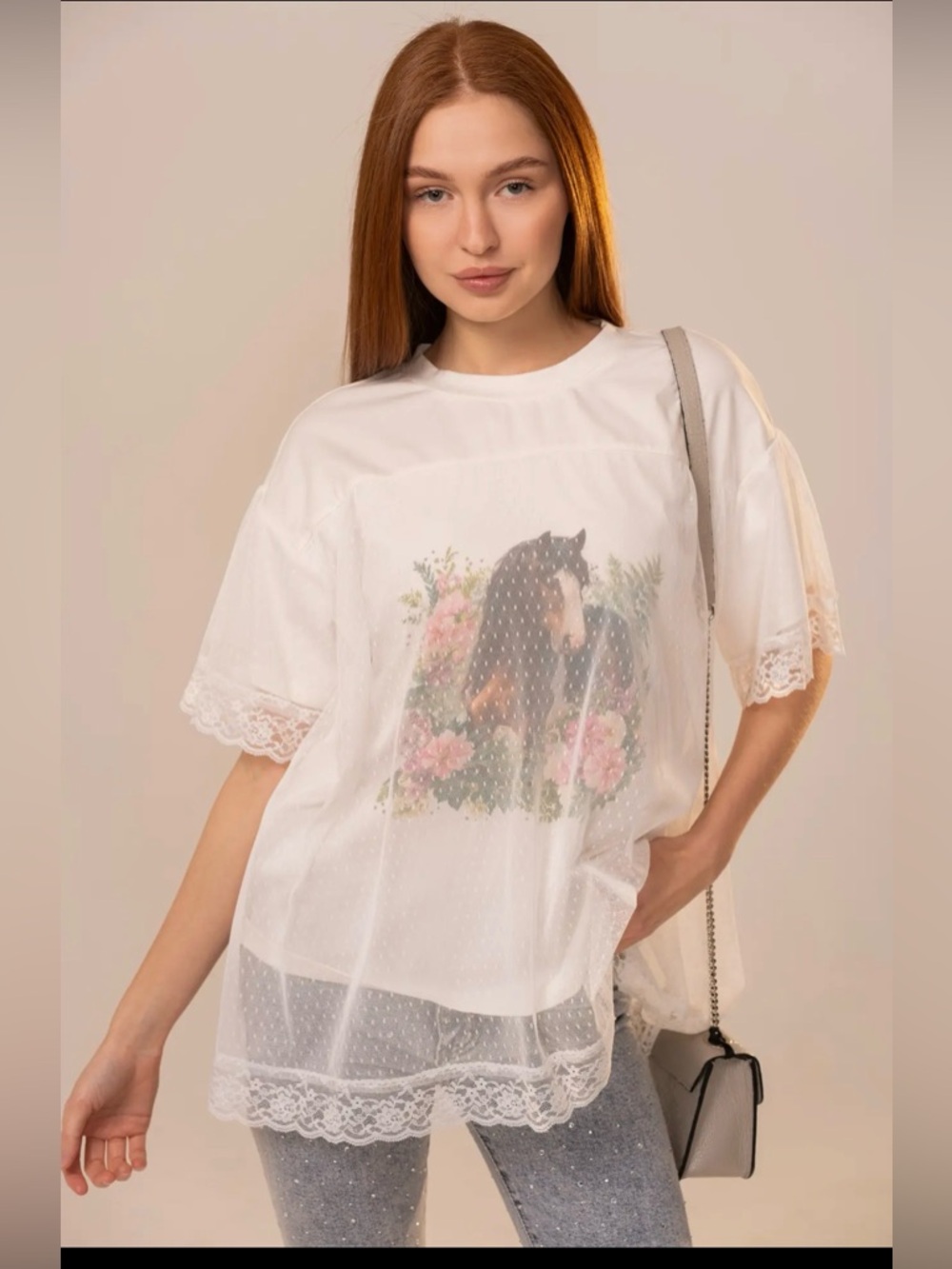 BLUE B.  Women's White Lace-Trim Horse Print Top